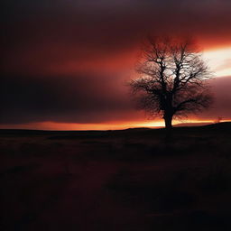 A dark and ominous scene of a setting sun with an eerie, blood-red sky