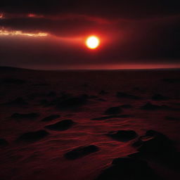 A dark and ominous scene of a setting sun with an eerie, blood-red sky