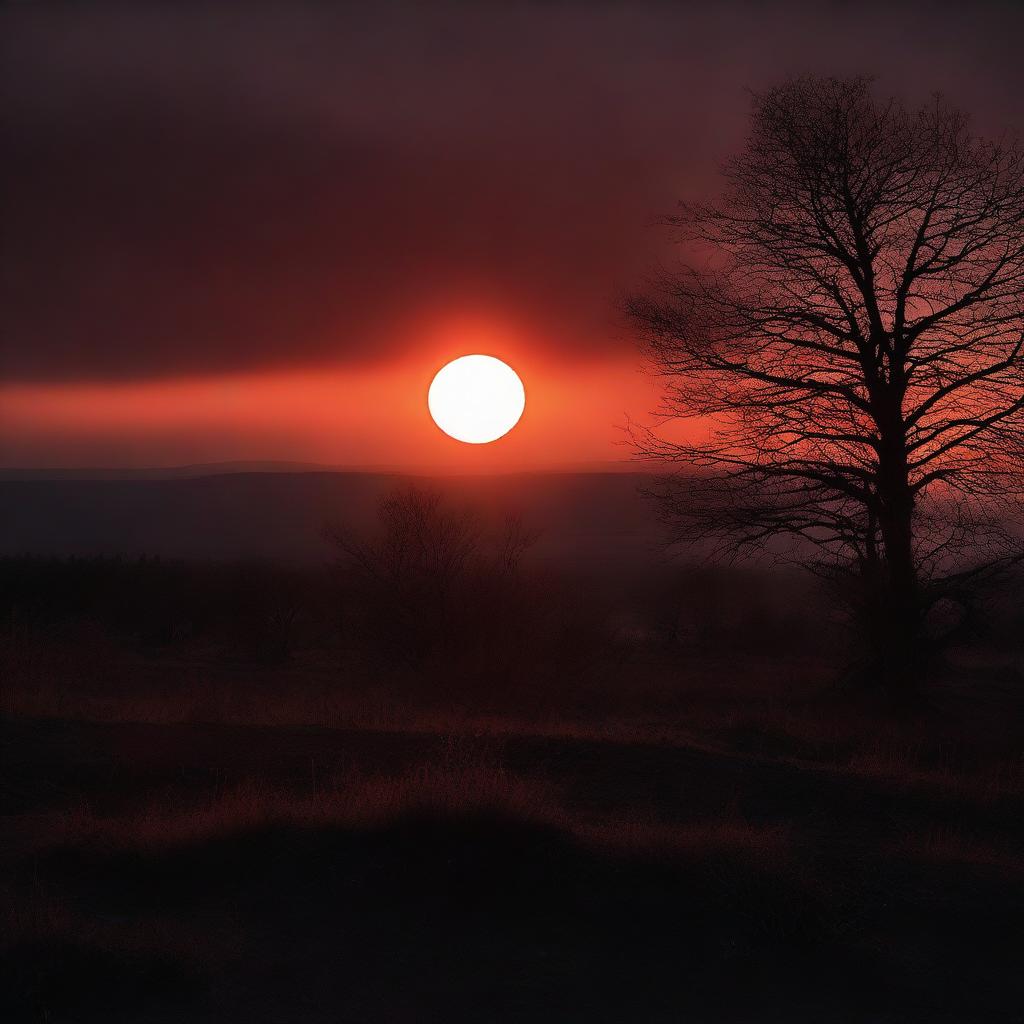 A dark and ominous scene of a setting sun with an eerie, blood-red sky