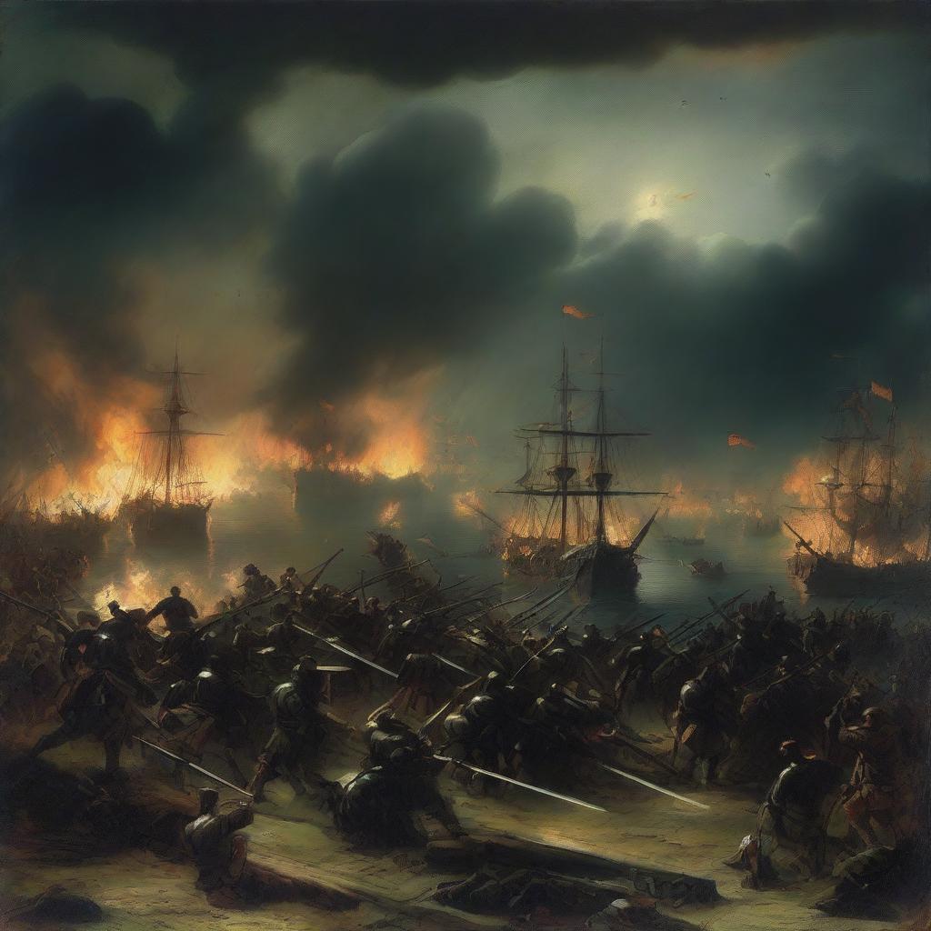 A night-time scene depicting the Spanish Armada engaged in battle on the fields of war