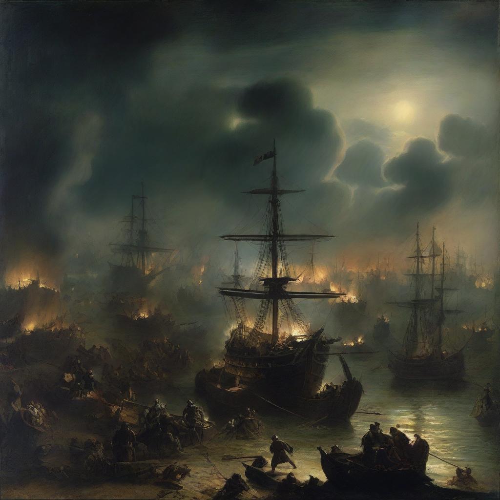 A night-time scene depicting the Spanish Armada engaged in battle on the fields of war