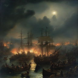 A night-time scene depicting the Spanish Armada engaged in battle on the fields of war