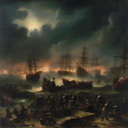 A night-time scene depicting the Spanish Armada engaged in battle on the fields of war