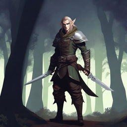 A rogue elf character standing in a shadowy forest, wearing dark leather armor and holding a pair of daggers