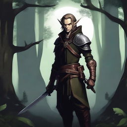 A rogue elf character standing in a shadowy forest, wearing dark leather armor and holding a pair of daggers