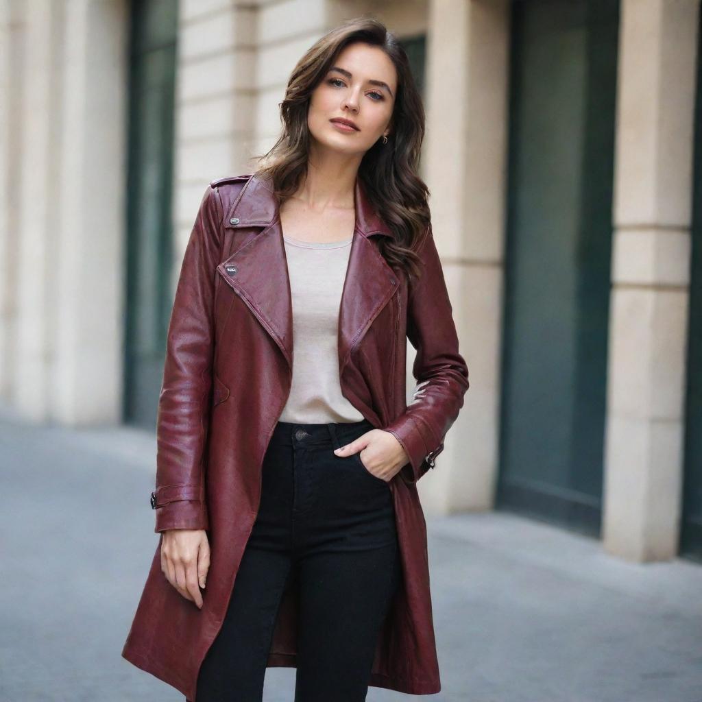 A stylish woman wearing a fashionable maroon, long-coat style genuine leather jacket.