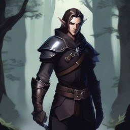 A rogue elf character standing in a shadowy forest, wearing dark leather armor and holding a pair of daggers