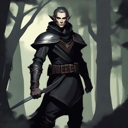 A rogue elf character standing in a shadowy forest, wearing dark leather armor and holding a pair of daggers