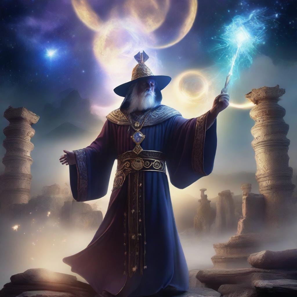 A human sorcerer casting a powerful spell in a mystical landscape