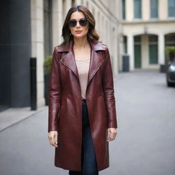 A stylish woman wearing a fashionable maroon, long-coat style genuine leather jacket.