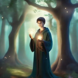 A young human sorcerer casting a spell in an enchanted forest