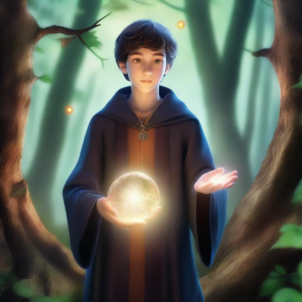 A young human sorcerer casting a spell in an enchanted forest