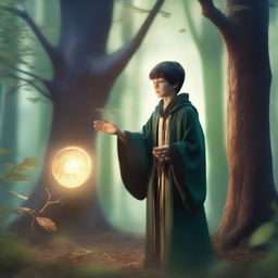 A young human sorcerer casting a spell in an enchanted forest