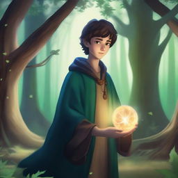 A young human sorcerer casting a spell in an enchanted forest