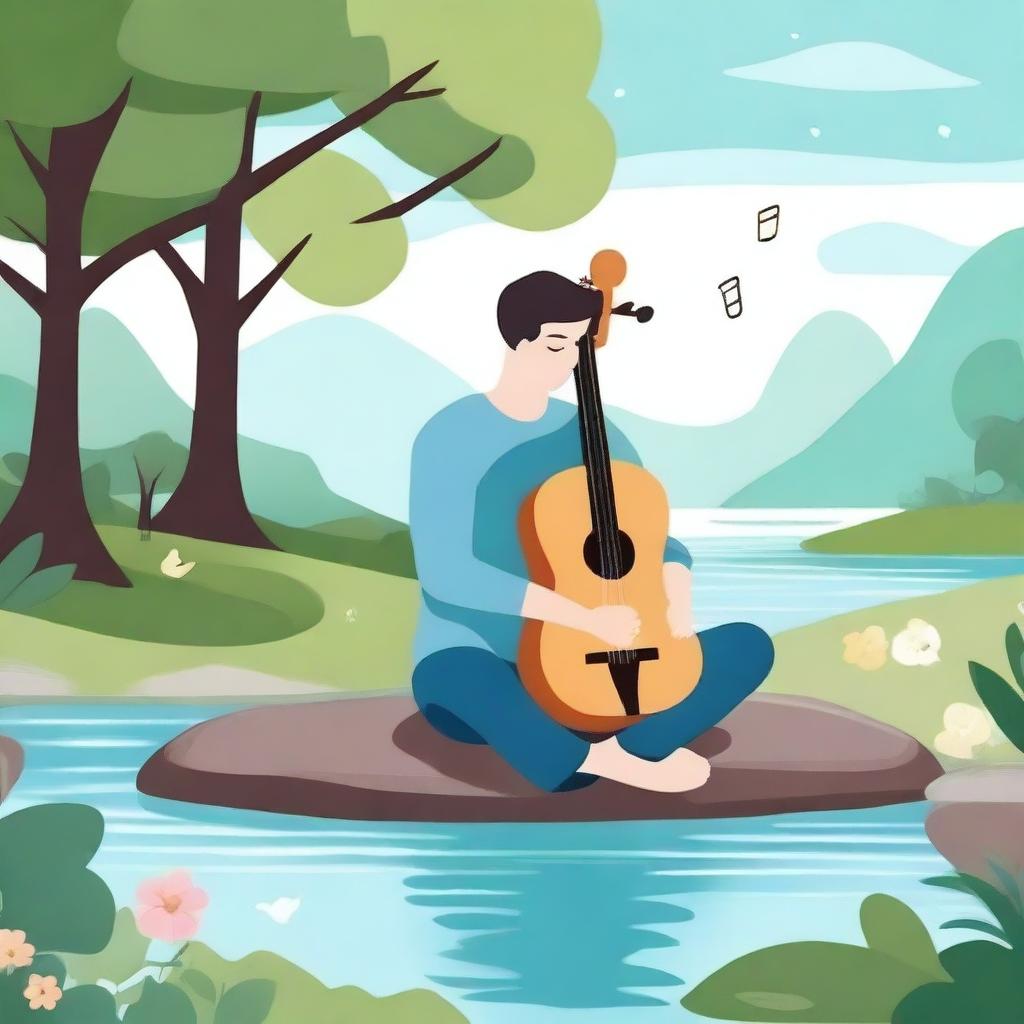 A serene and calming scene featuring a person playing a musical instrument in a peaceful environment, symbolizing music therapy