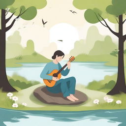 A serene and calming scene featuring a person playing a musical instrument in a peaceful environment, symbolizing music therapy