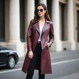 A stylish woman wearing a fashionable maroon, long-coat style genuine leather jacket.