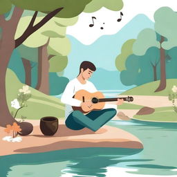 A serene and calming scene featuring a person playing a musical instrument in a peaceful environment, symbolizing music therapy