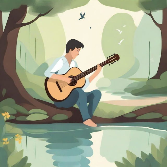 A serene and calming scene featuring a person playing a musical instrument in a peaceful environment, symbolizing music therapy