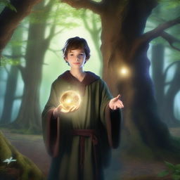 A young human sorcerer casting a spell in an enchanted forest