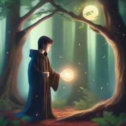 A young human sorcerer casting a spell in an enchanted forest