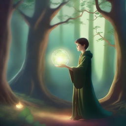 A young human sorcerer casting a spell in an enchanted forest