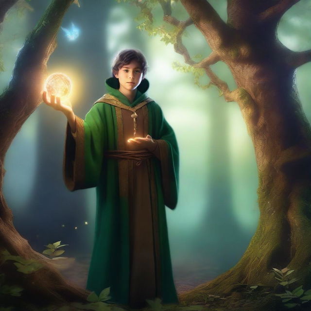 A young human sorcerer casting a spell in an enchanted forest