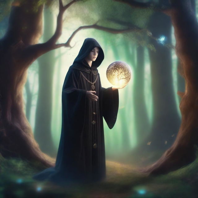 A young human sorcerer casting a spell in an enchanted forest