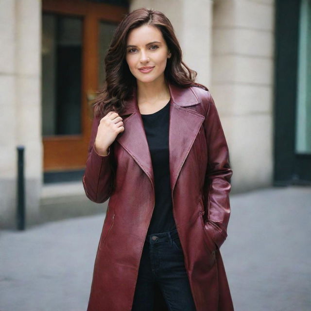 A stylish woman wearing a fashionable maroon, long-coat style genuine leather jacket.