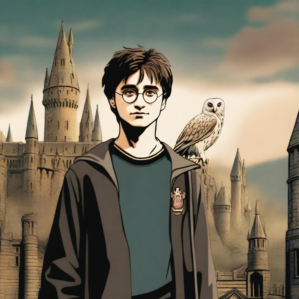 A detailed image of Harry Potter standing in front of Hogwarts castle