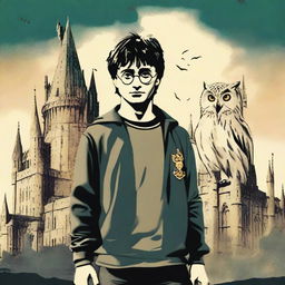 A detailed image of Harry Potter standing in front of Hogwarts castle