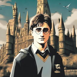 A detailed image of Harry Potter standing in front of Hogwarts castle