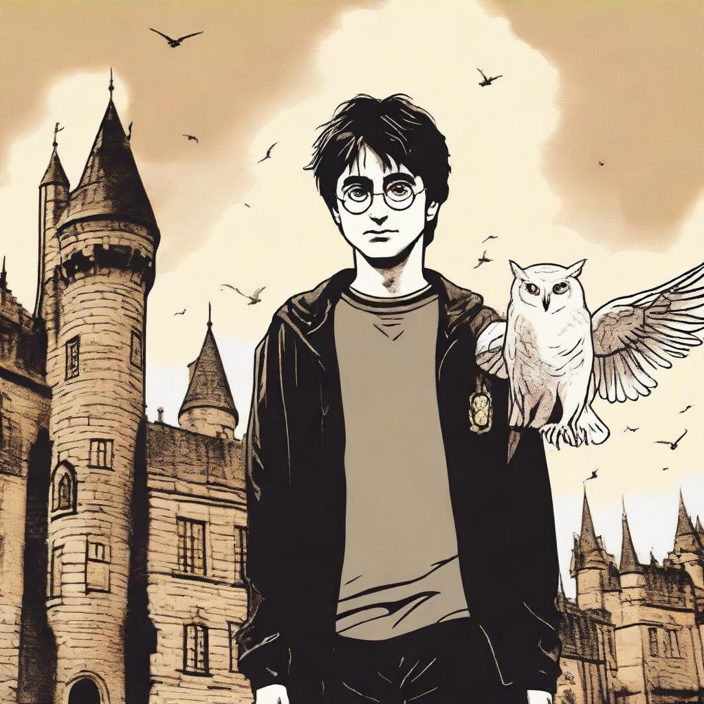 A detailed image of Harry Potter standing in front of a castle