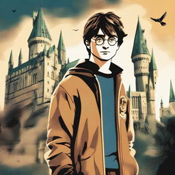 A detailed image of Harry Potter standing in front of a castle