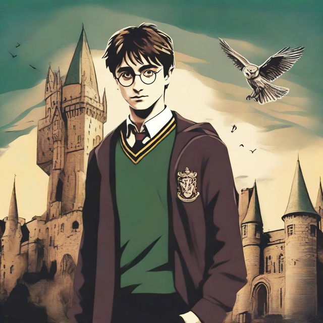 A detailed image of Harry Potter standing in front of a castle