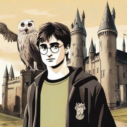 A detailed image of Harry Potter standing in front of a castle