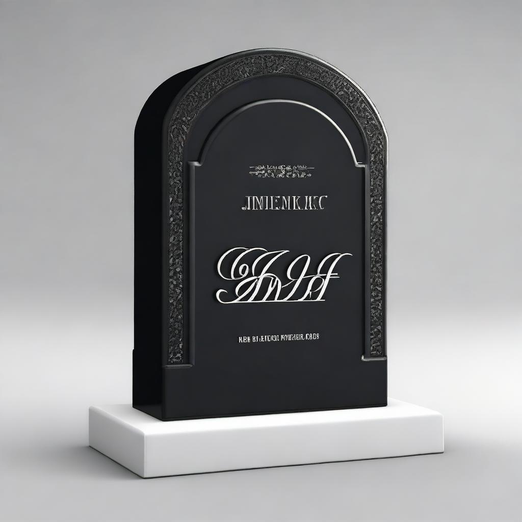 A monochrome, black and white photorealistic image of a tombstone made of dark black granite