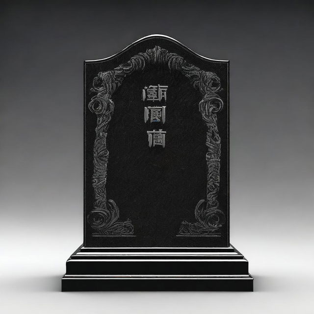 A monochrome, black and white photorealistic image of a tombstone made of dark black granite