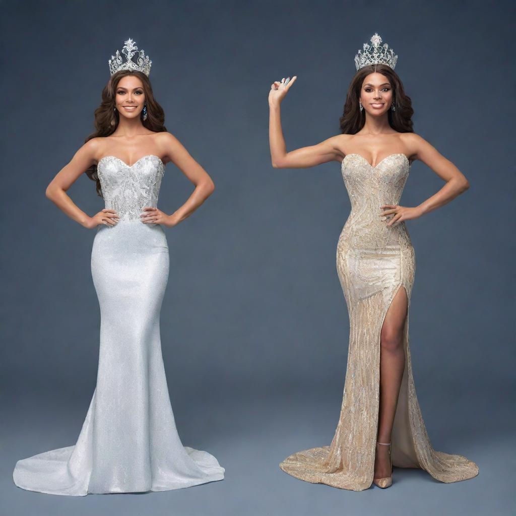 A 3D image showcasing a confident male and female, styled as the victorious Mr. and Ms. Pageant winners, standing back-to-back. Their figures are loomed in victorious stances, facing away from each other demonstrating their individual triumph.