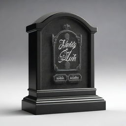 A monochrome, black and white photorealistic image of a tombstone made of dark black granite