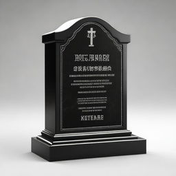 A monochrome, black and white photorealistic image of a tombstone made of dark black granite