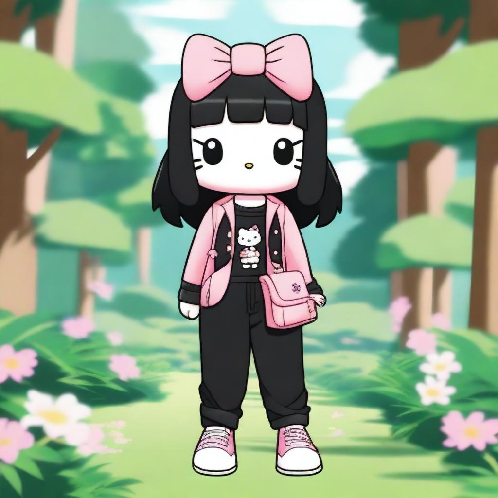 A Sanrio Hello Kitty character with a pink bow and shoulder-length black straight hair with no bangs