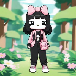 A Sanrio Hello Kitty character with a pink bow and shoulder-length black straight hair with no bangs