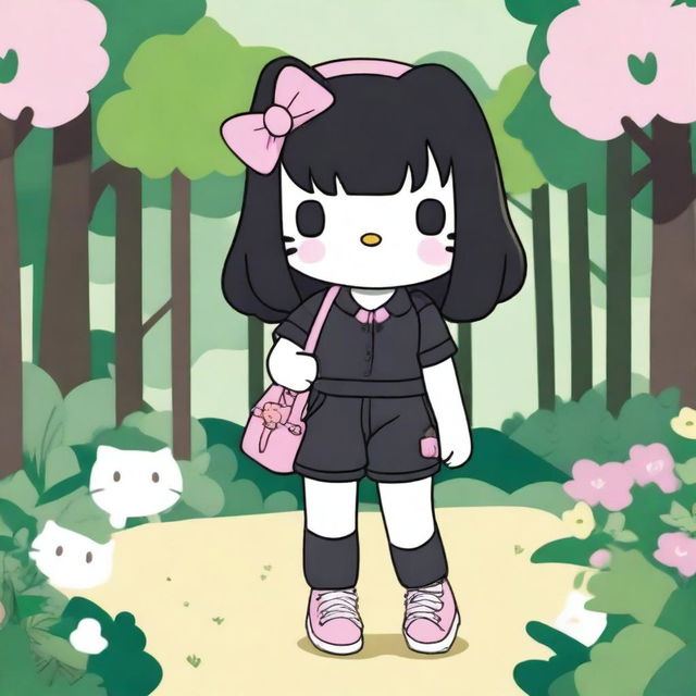 A Sanrio Hello Kitty character with a pink bow and shoulder-length black straight hair with no bangs