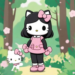 A Sanrio Hello Kitty character with a pink bow and shoulder-length black straight hair with no bangs