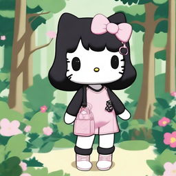 A Sanrio Hello Kitty character with a pink bow and shoulder-length black straight hair with no bangs