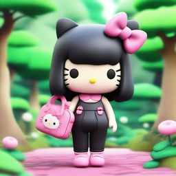 A 3D Sanrio Hello Kitty character with a pink bow and shoulder-length black straight hair with no bangs