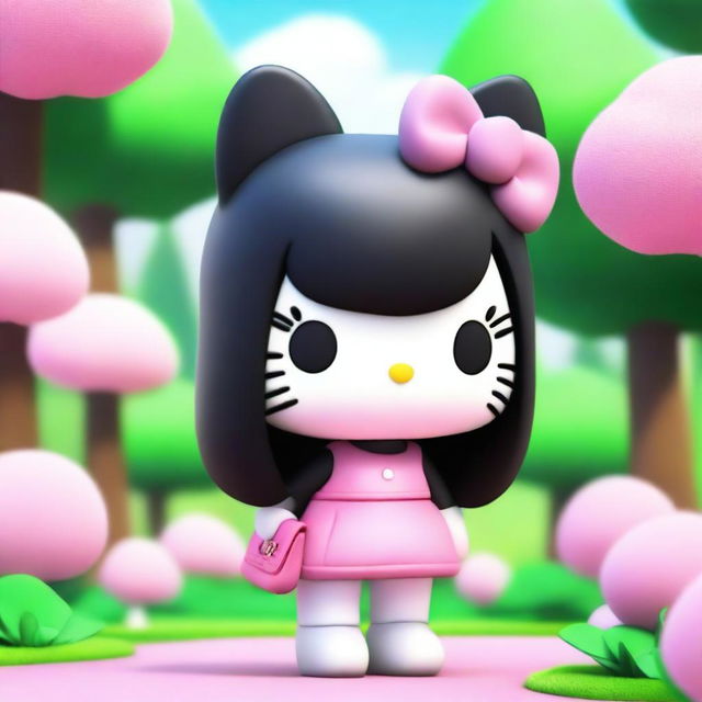 A 3D Sanrio Hello Kitty character with a pink bow and shoulder-length black straight hair with no bangs