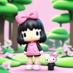 A 3D Sanrio Hello Kitty character with a pink bow and shoulder-length black straight hair with no bangs