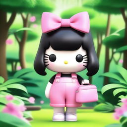 A 3D Sanrio Hello Kitty character with a pink bow and shoulder-length black straight hair with no bangs